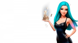 Изображение женского персонажа, держащего стопку монет, рекламирующего приветственный бонус в интернет-казино Leebet в игривом и привлекательном стиле.